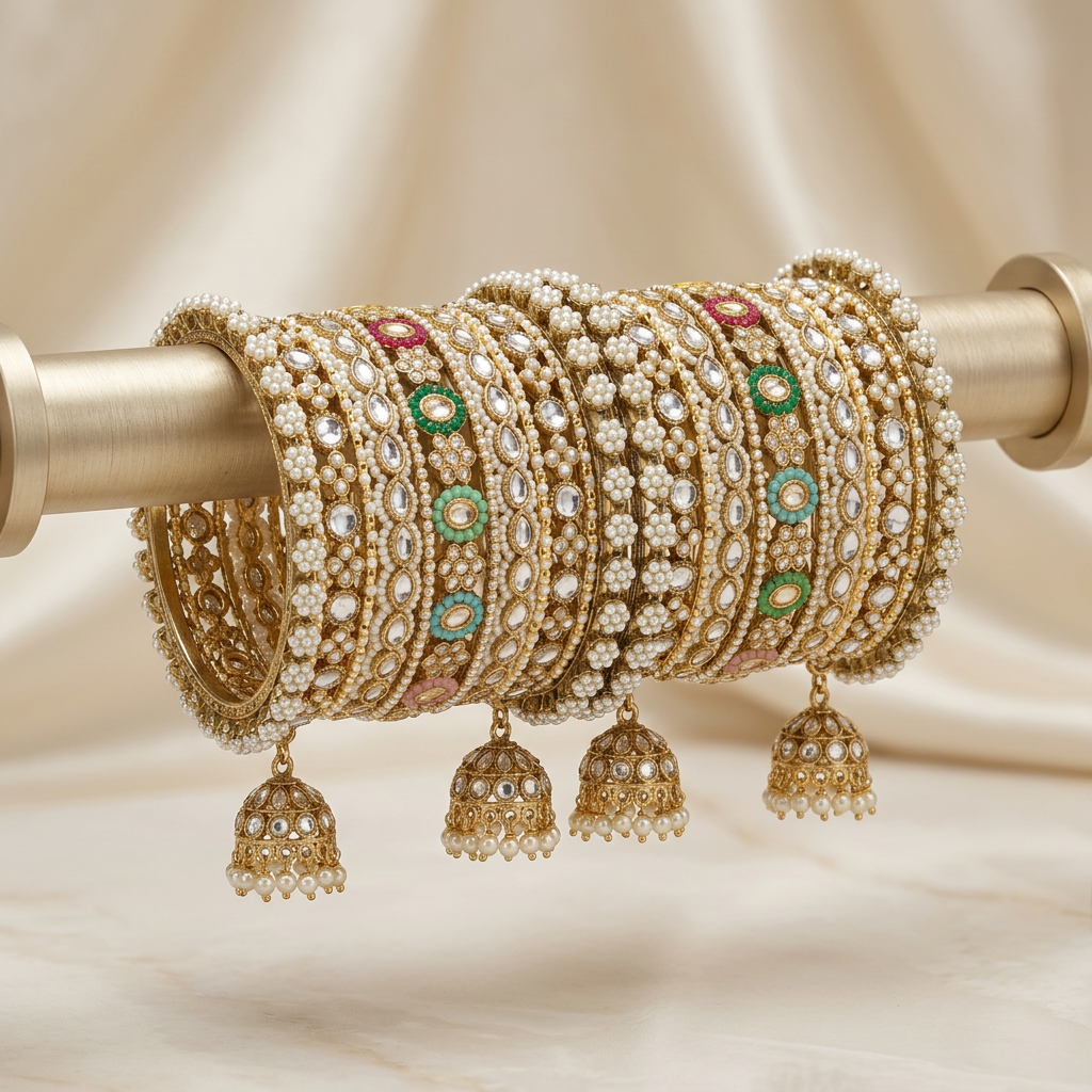 Multi Jhumka Kundan Bangle Set - image