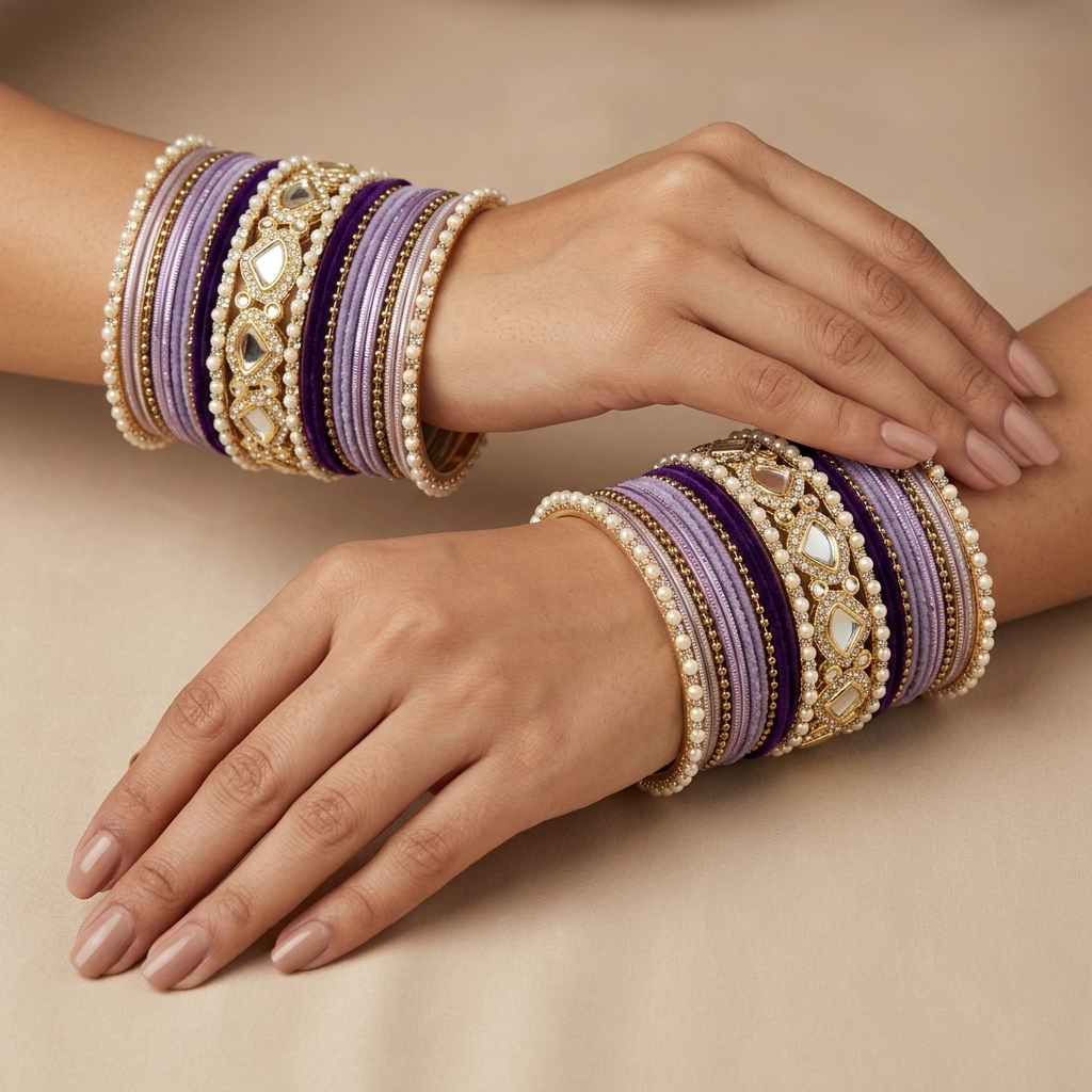 Purple Kundan Bangle Set - image