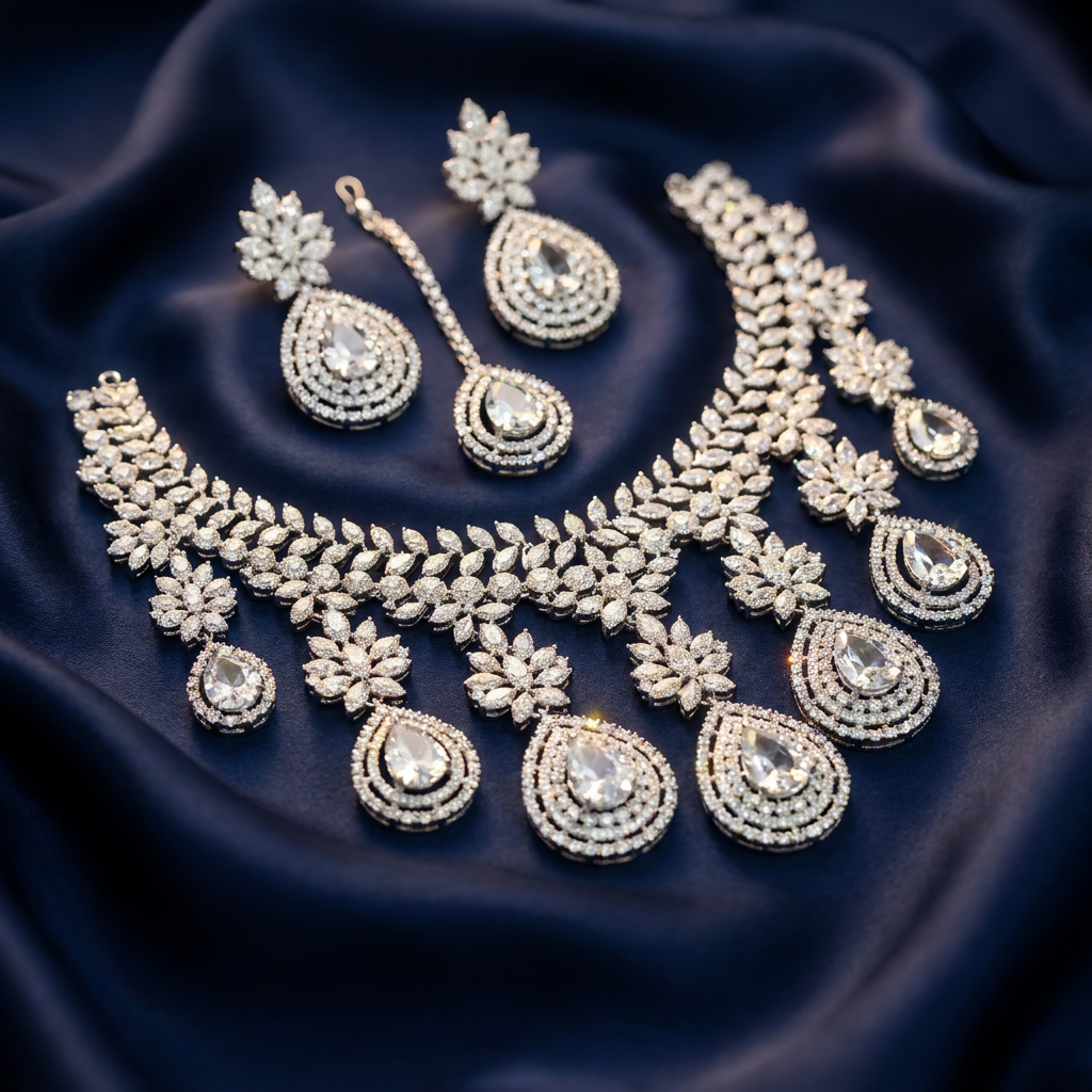 American Diamond Semi Bridal Set with Tikka - image