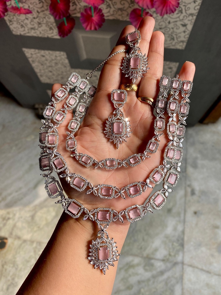 Three Layer American Diamond Necklace Set - image