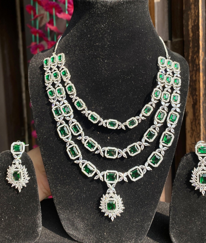 Three Layer American Diamond Necklace Set - image