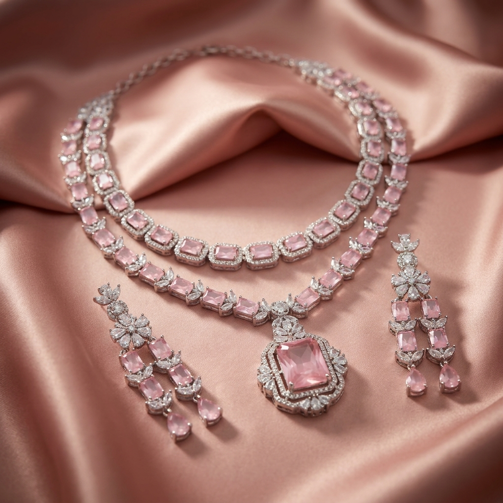 Premium 2 Layer American Diamond Necklace Set - image