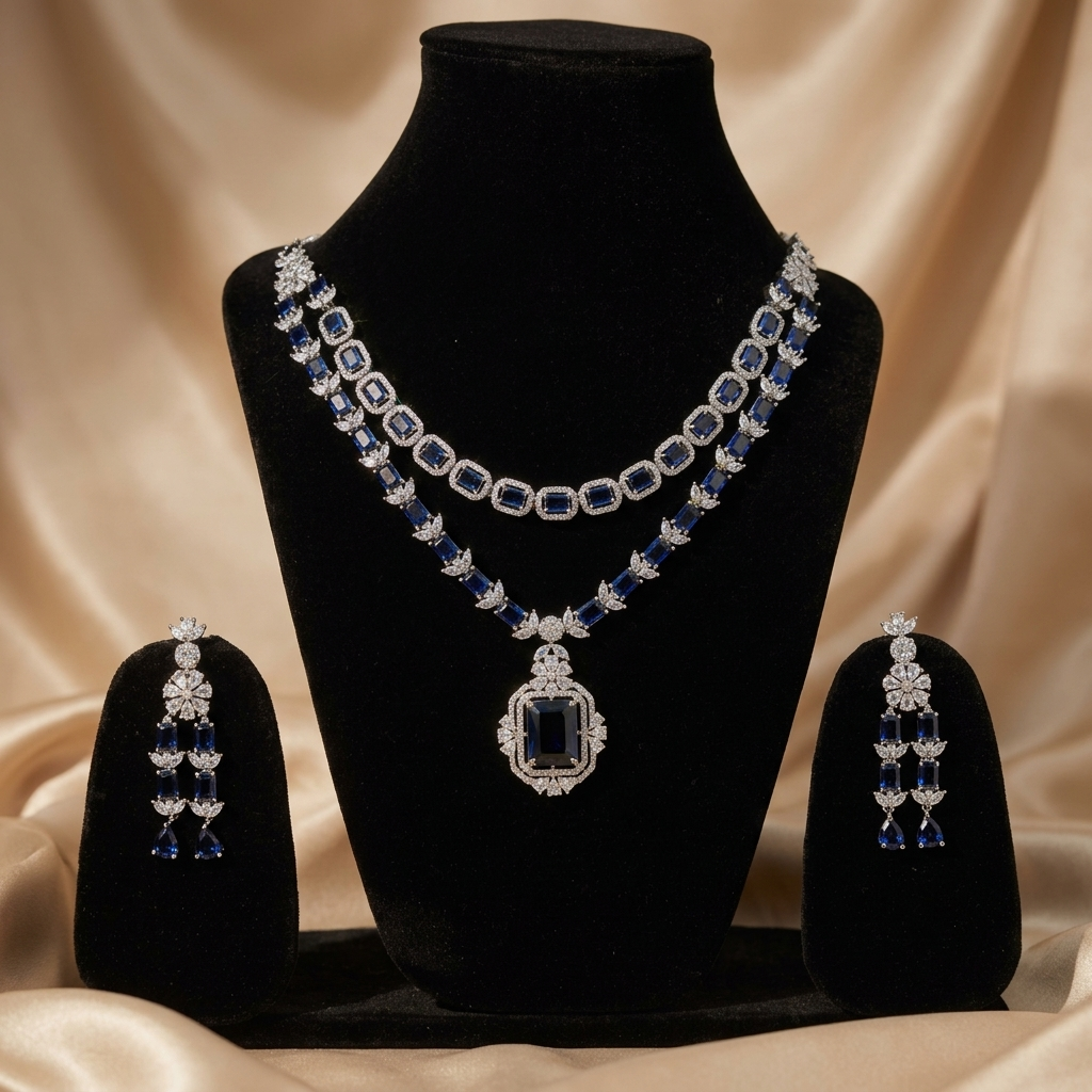 Premium 2 Layer American Diamond Necklace Set - image