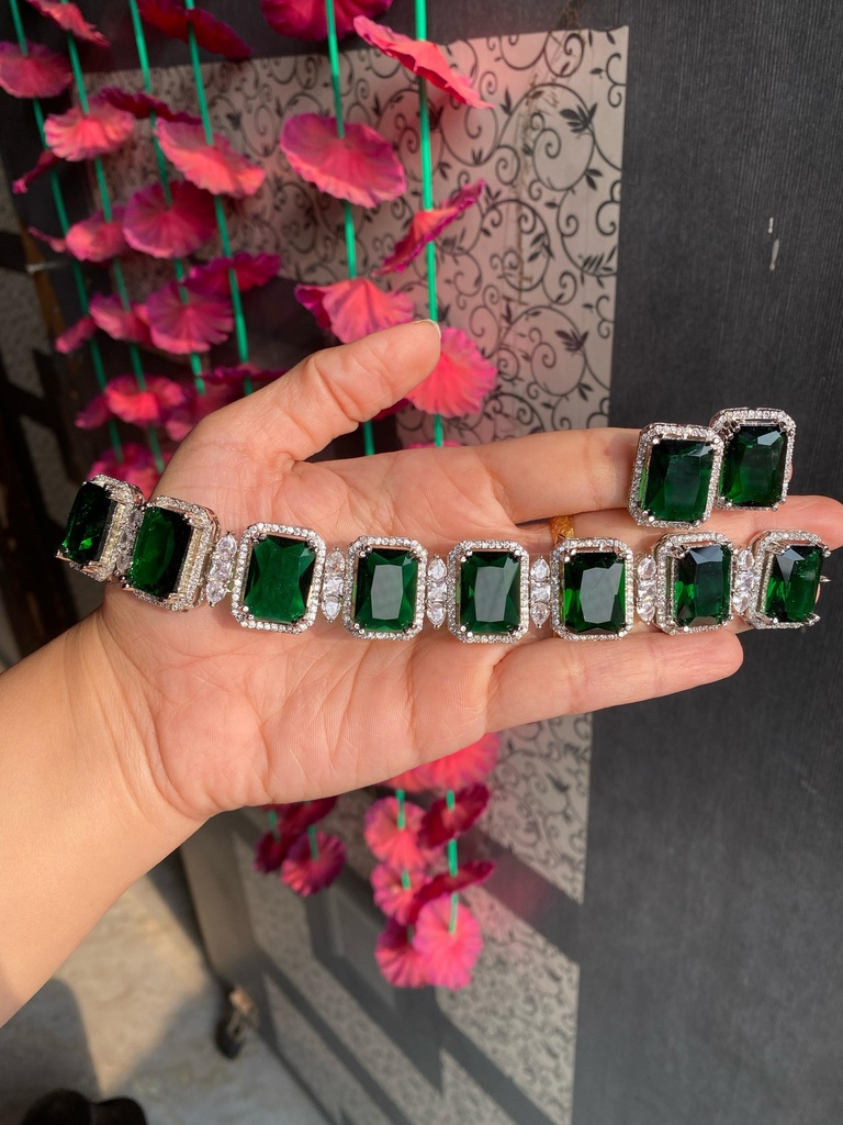 Anti Tarnish American Diamond Block Necklace Set - image