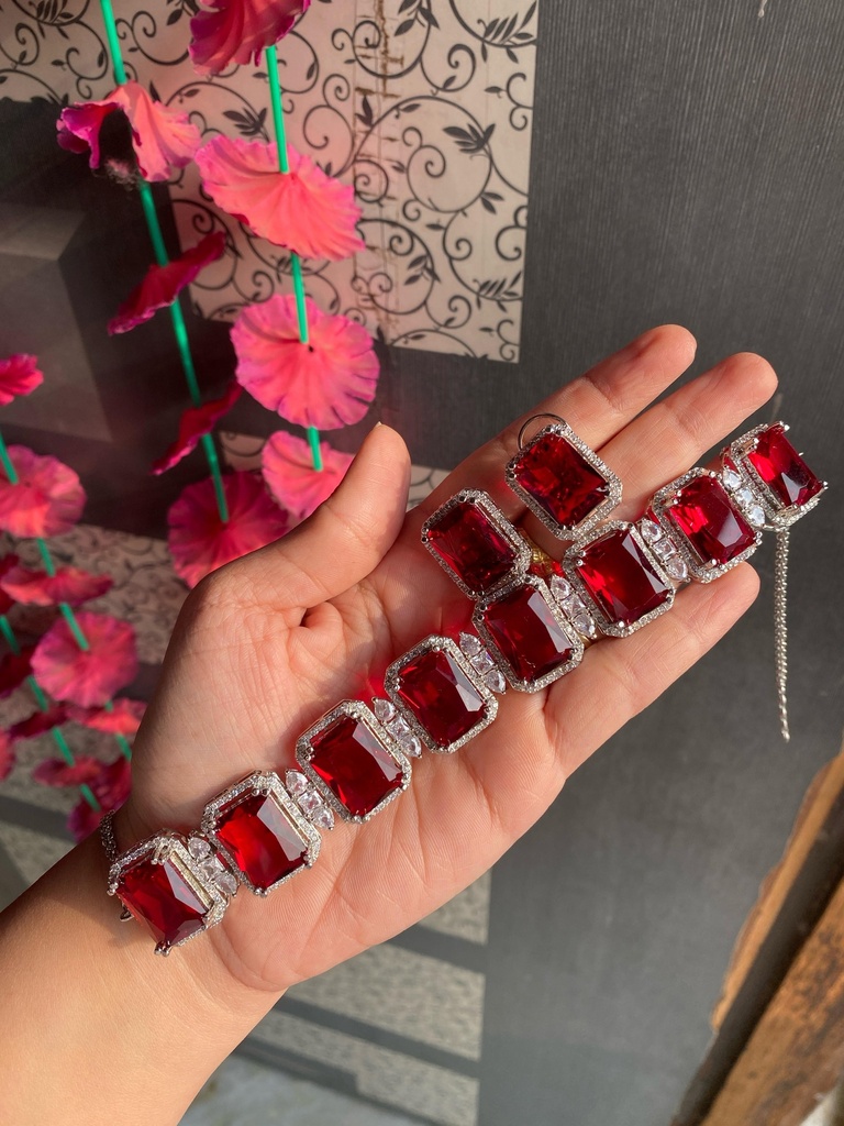 Anti Tarnish American Diamond Block Necklace Set - image