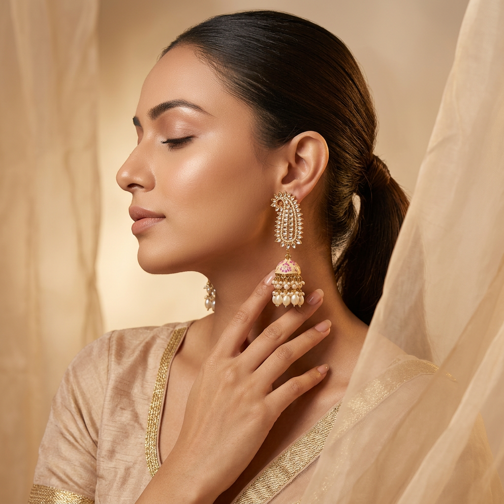 Meenakari Kundan Peacock Jhumkas - image