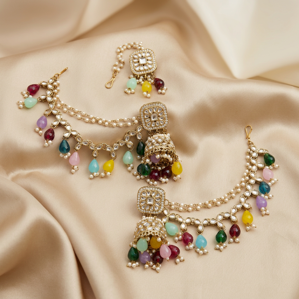 Kundan Jhumkas with Earchain - image