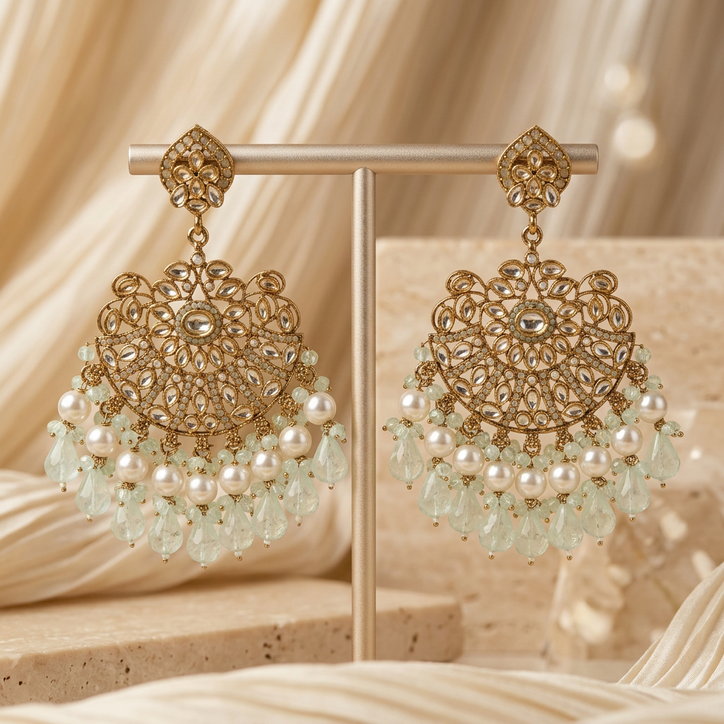 Glass Beads Kundan Chandbalis - image