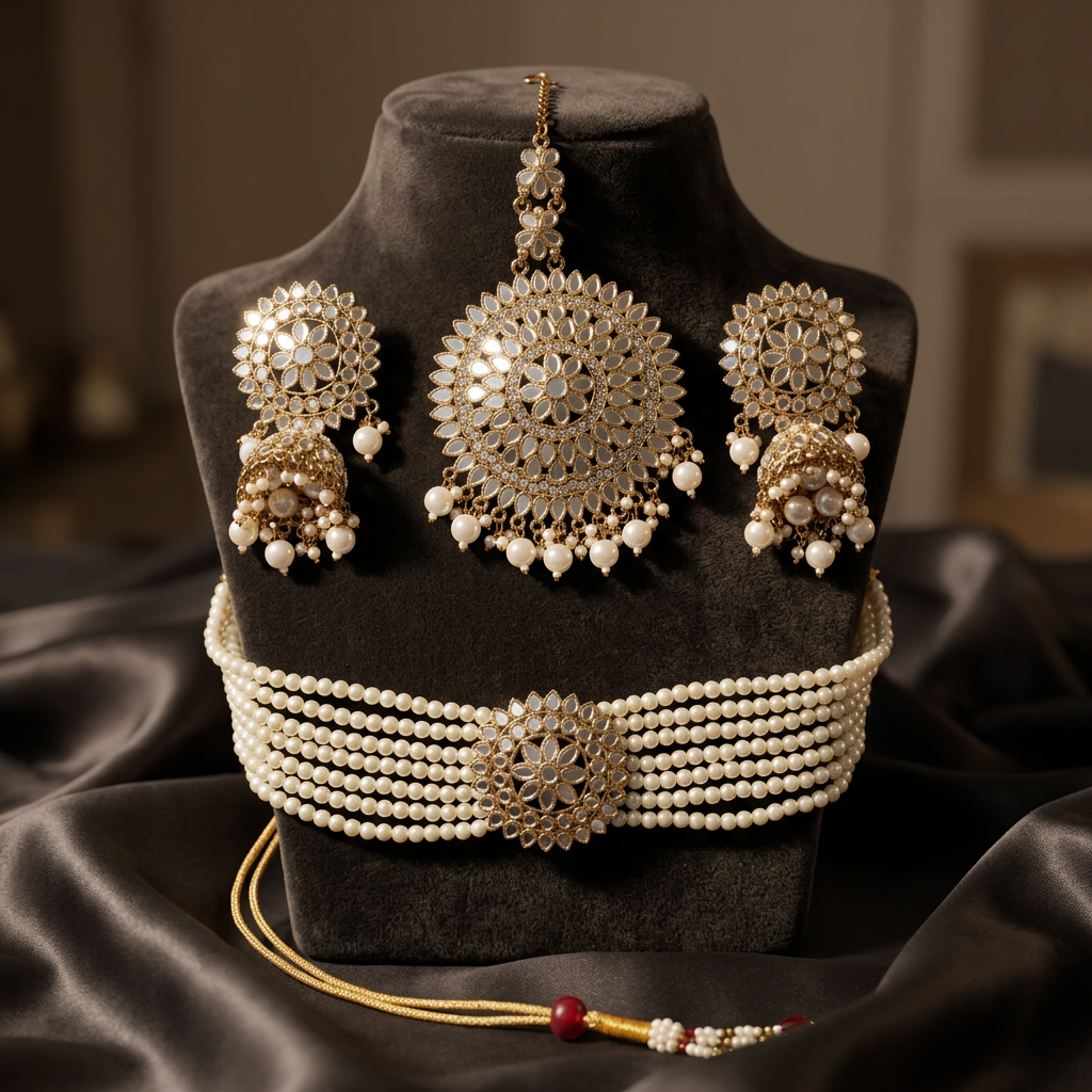 Punjabi Pearl Choker Set With Tikka - image