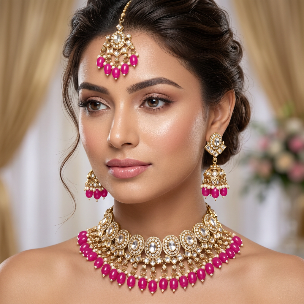Polki Necklace Set With Tikka Jhumka - image