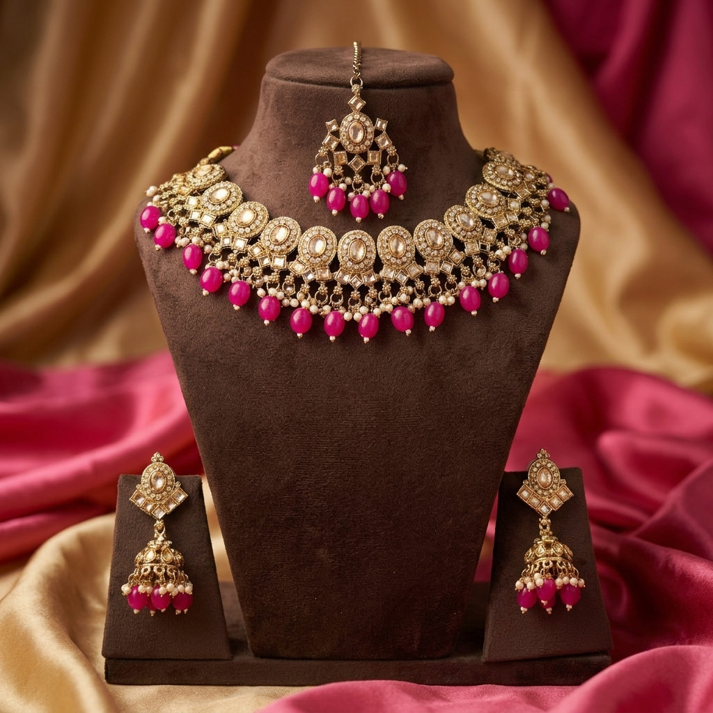 Polki Necklace Set With Tikka Jhumka - image