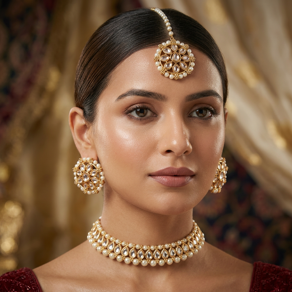 Pearl Kundan Set With Studs and Tikka - image
