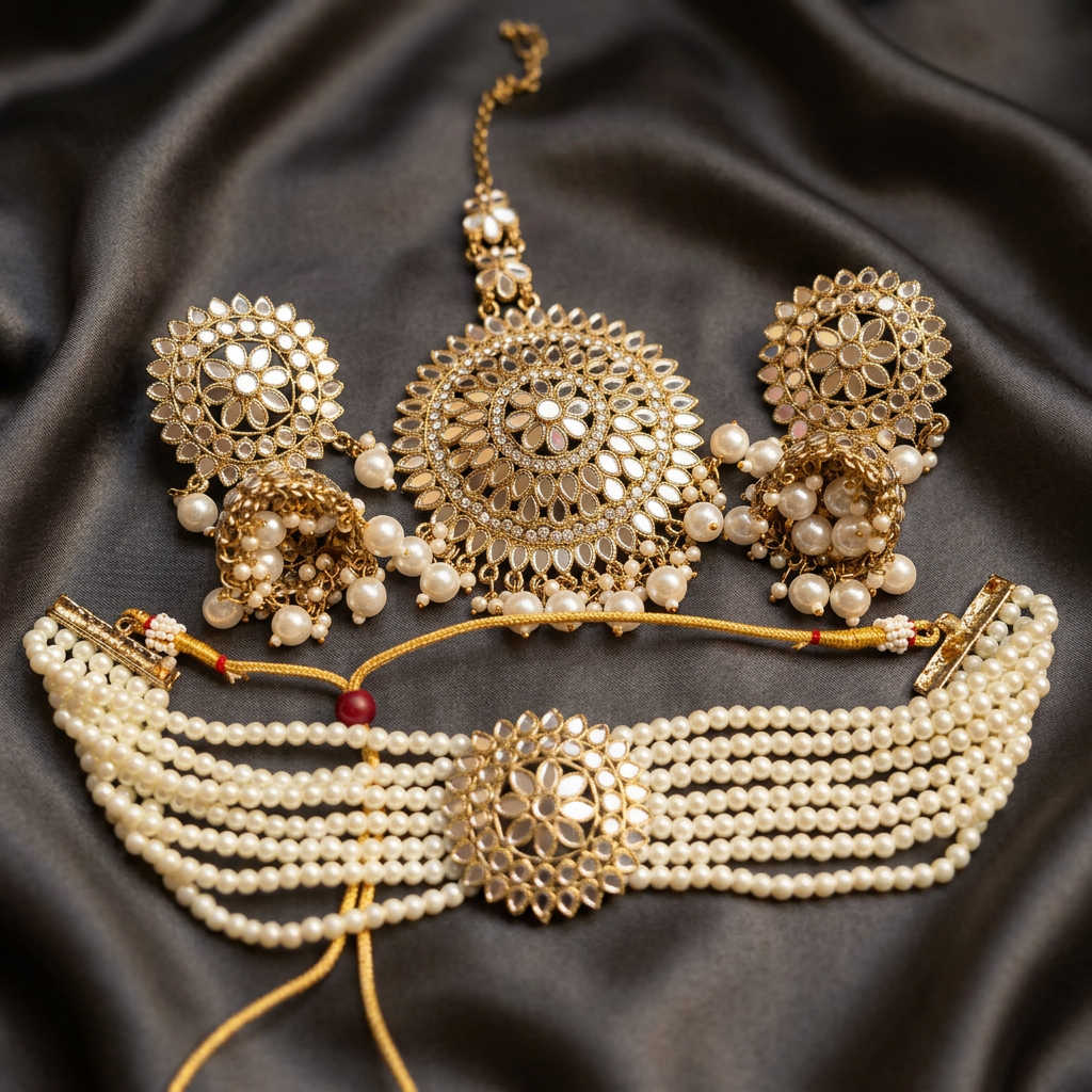 [JBT-NL038] Punjabi Pearl Choker Set With Tikka