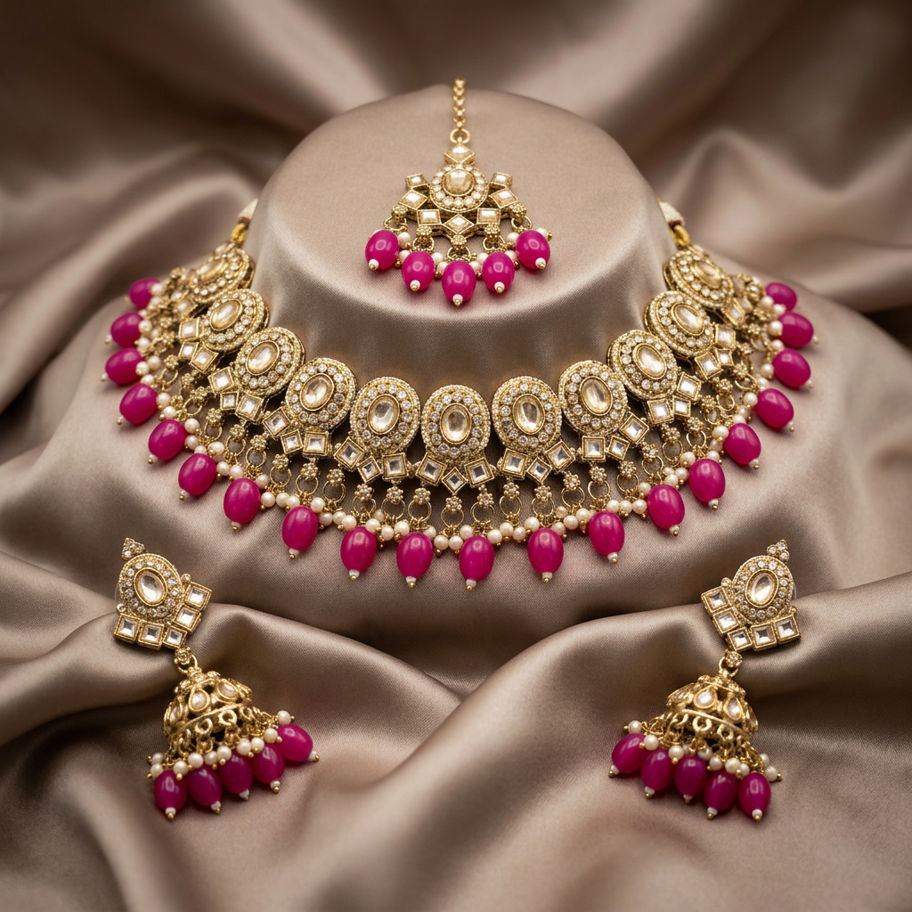 [JBT-NL037] Polki Necklace Set With Tikka Jhumka