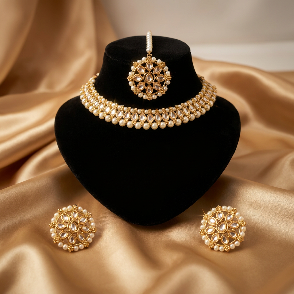[JBT-NL036] Pearl Kundan Set With Studs and Tikka