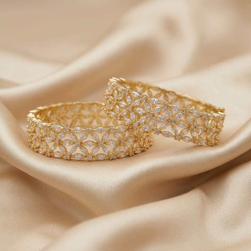 [JBT-BA008] Broad American Diamond Flower Bangles