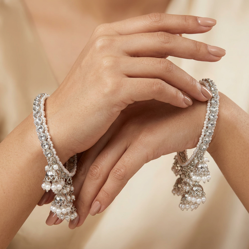 [JBT-BA117] Silver Polki Jhummar bangles