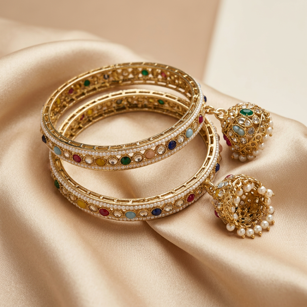 [JBT-BA126] Multicolor Kundan Jhumka Bangles