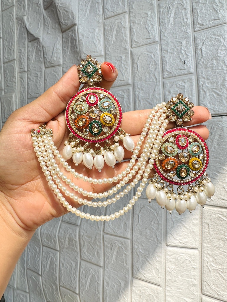 [JBT-ER028] Multicolour Kundan Pearl Hairchain Earrings