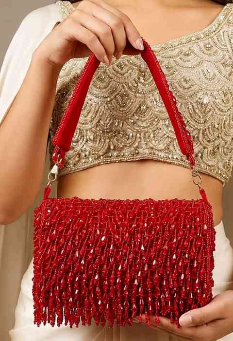 [JBT-BG003] Crimson Beaded Fringe Clutch