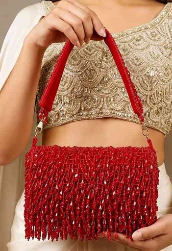 Crimson Beaded Fringe Clutch